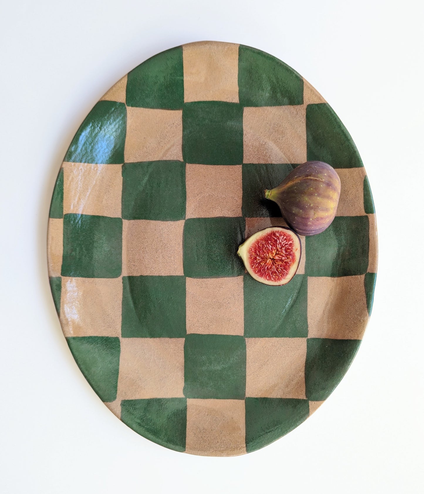 Green Check Oval Serving Platter