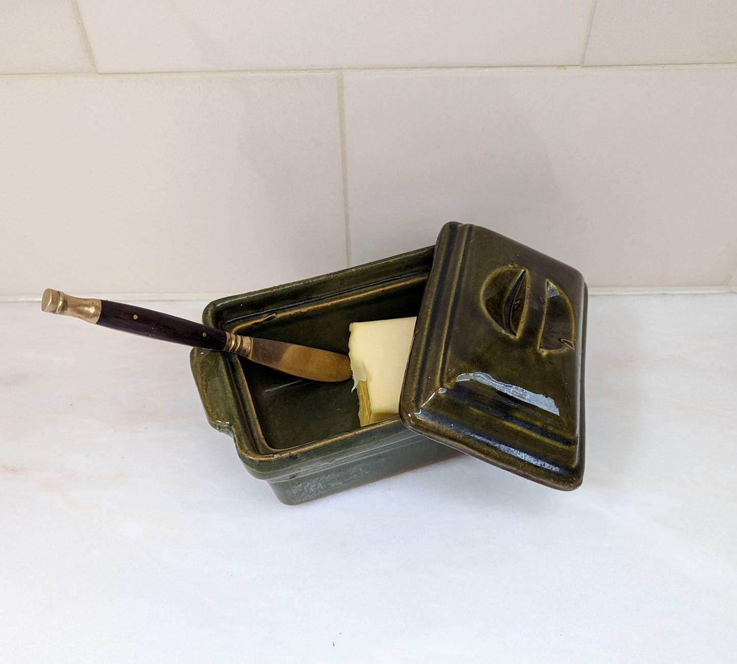 Green Glazed Butter Dish