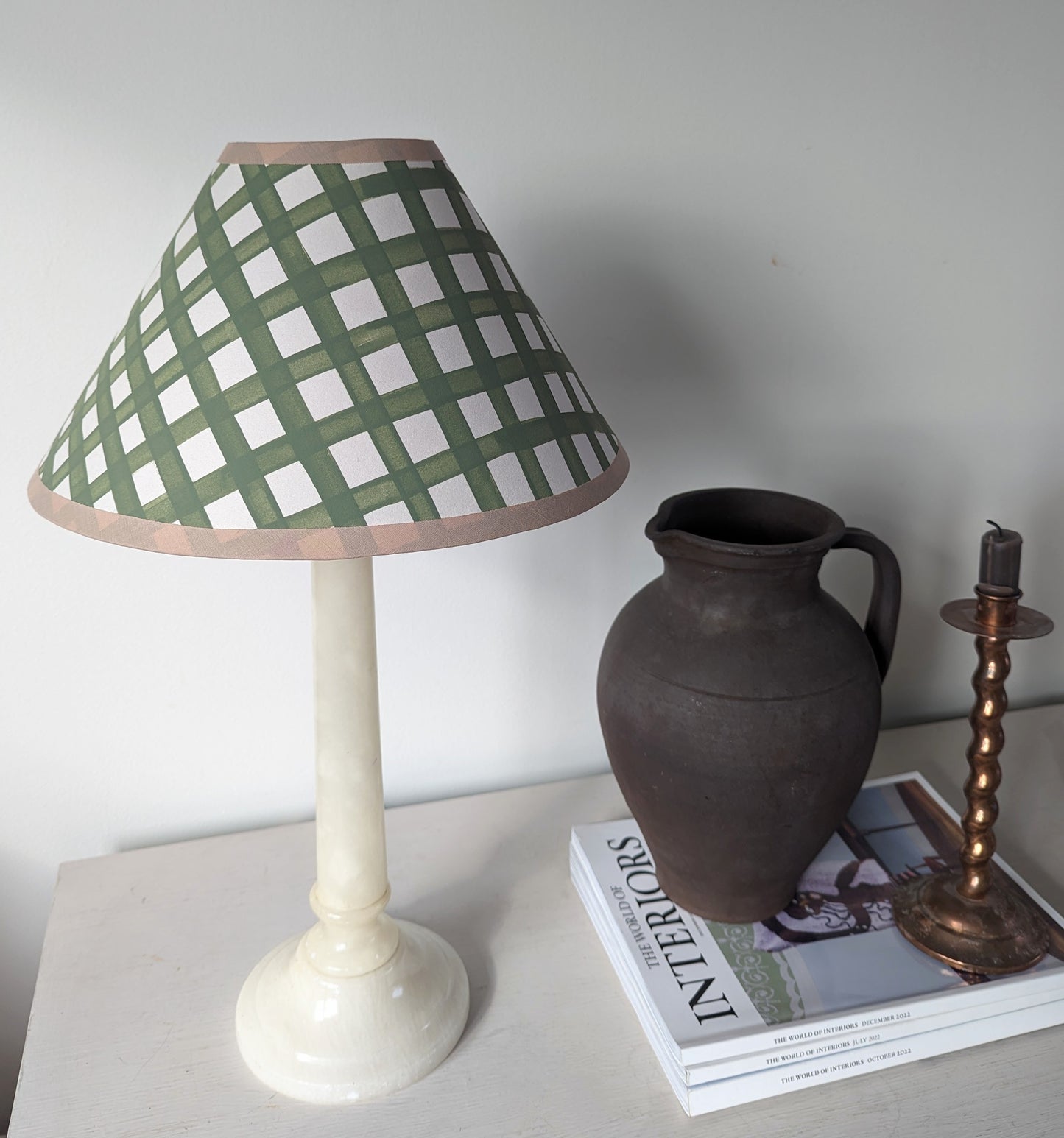 Green & Cream Gingham Hand Painted Paper Coolie Lampshade