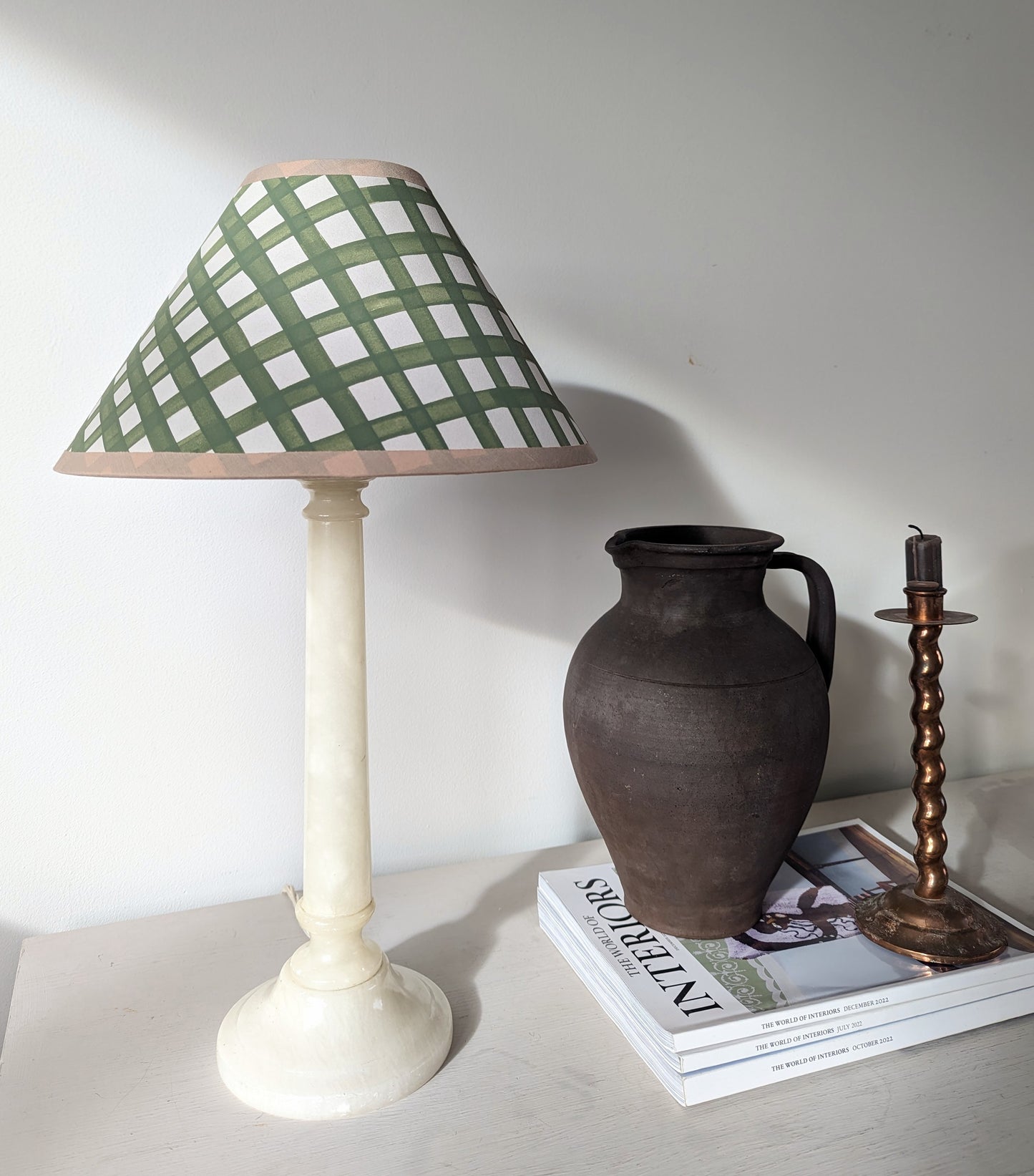 Green & Cream Gingham Hand Painted Lampshade