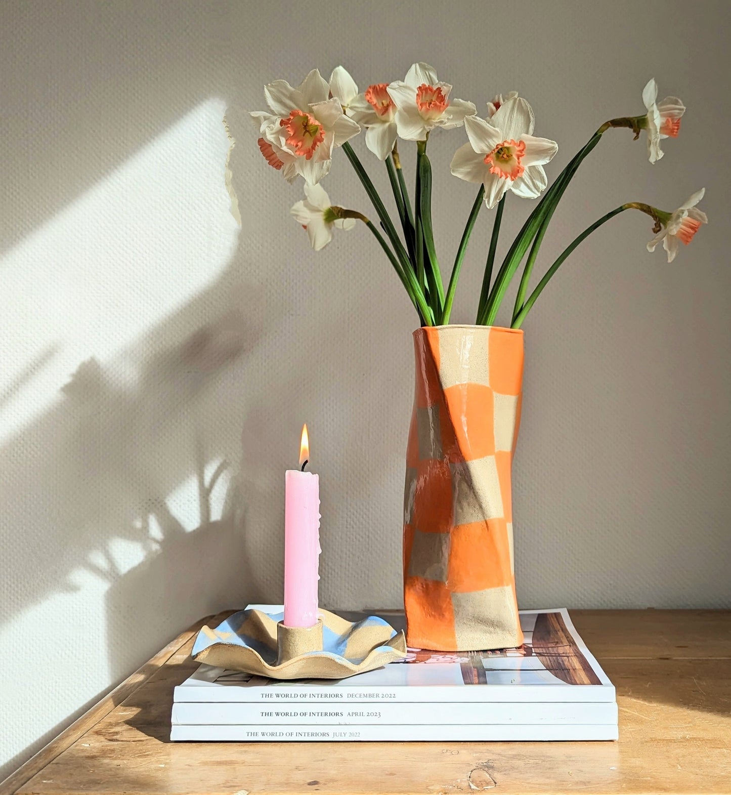 Baby Blue Check Scalloped Candle Holders