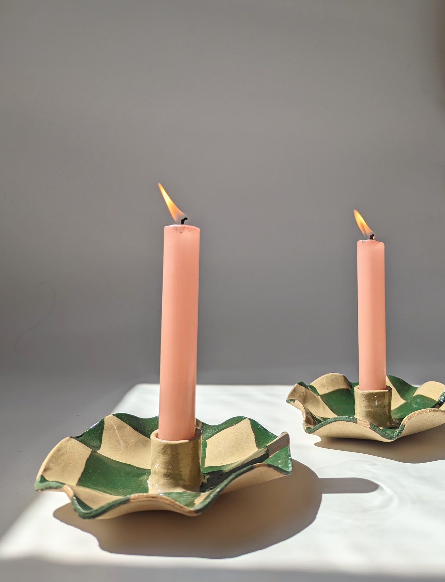Green Check Scalloped Candle Holders