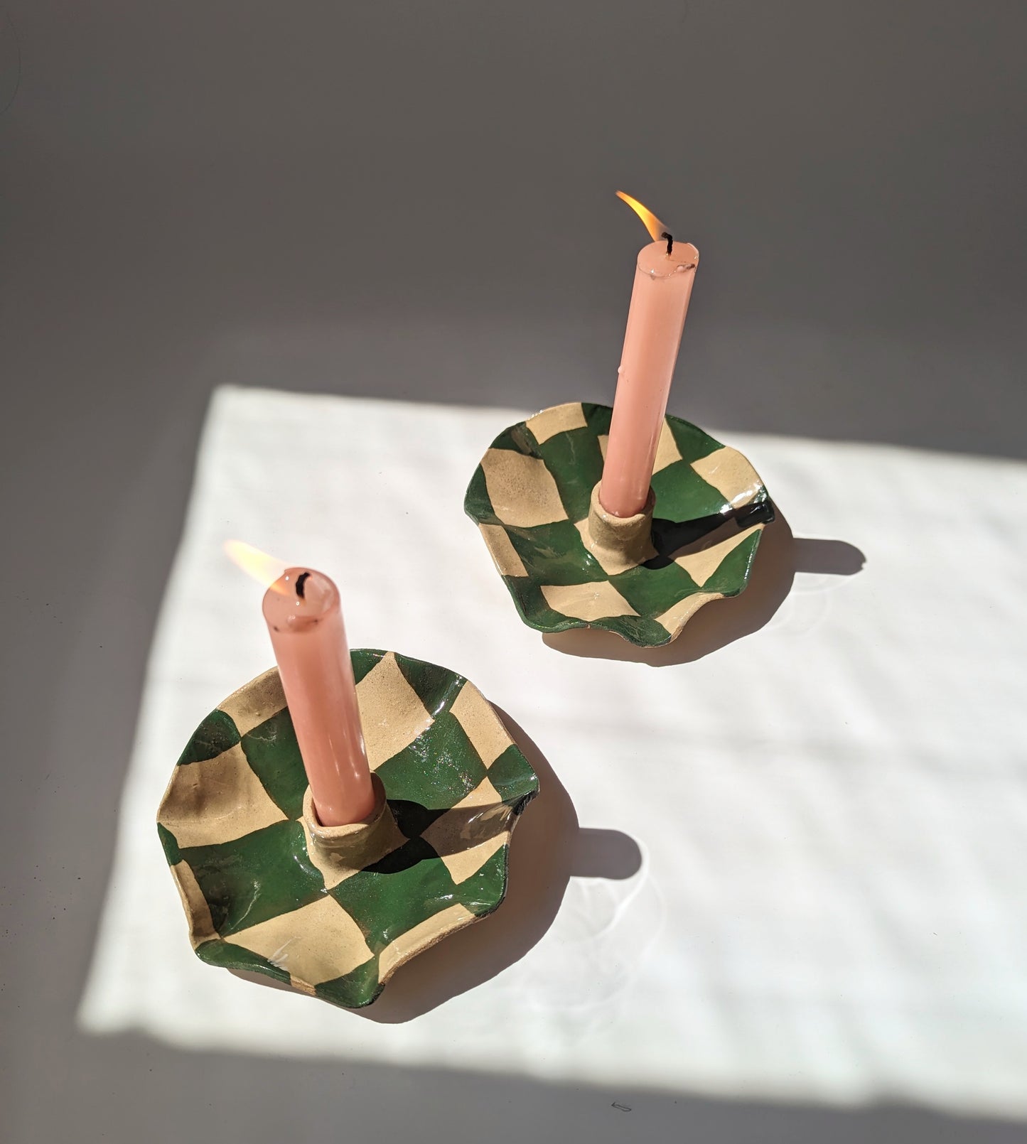 Green Check Scalloped Candle Holders