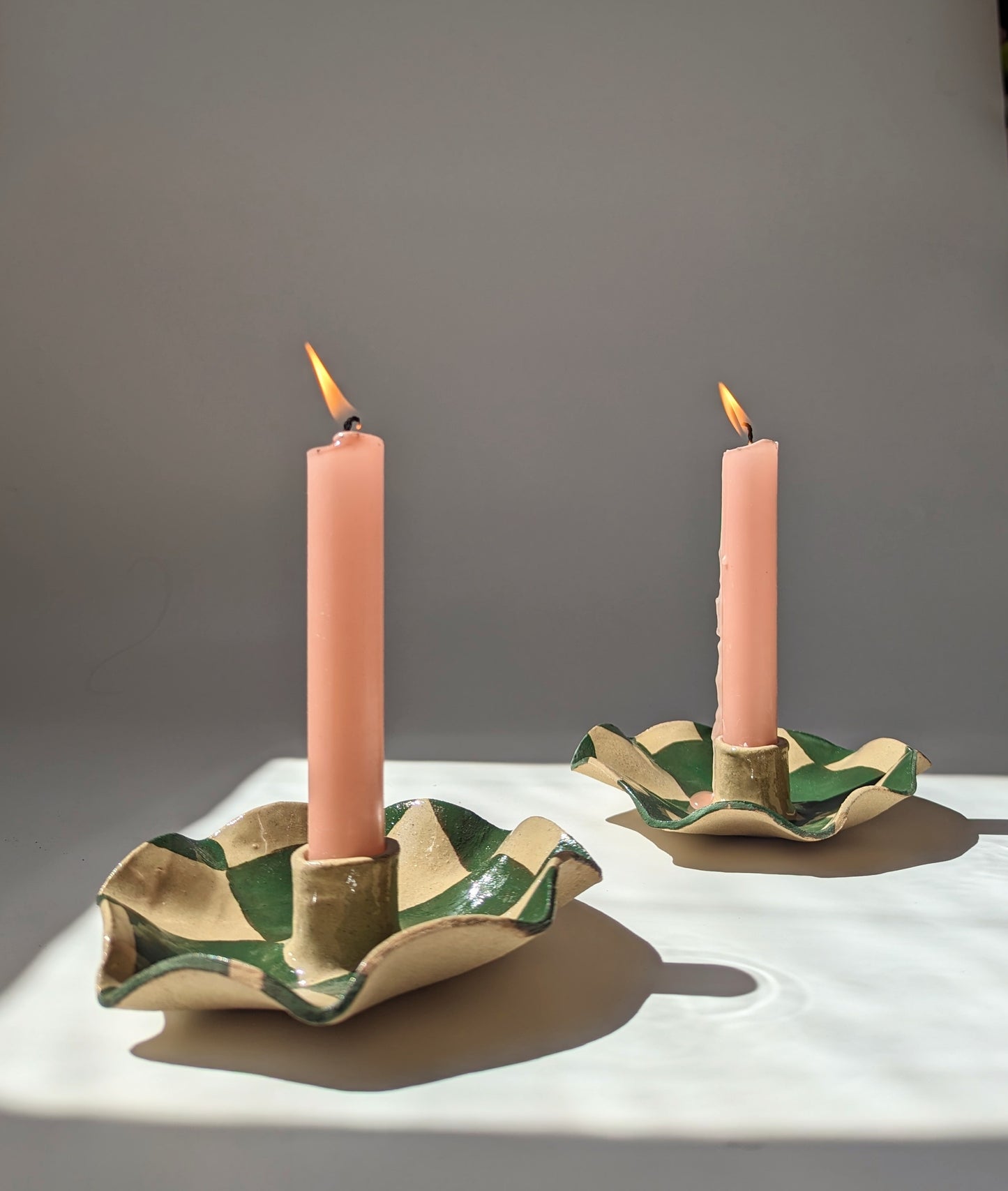 Green Check Scalloped Candle Holders