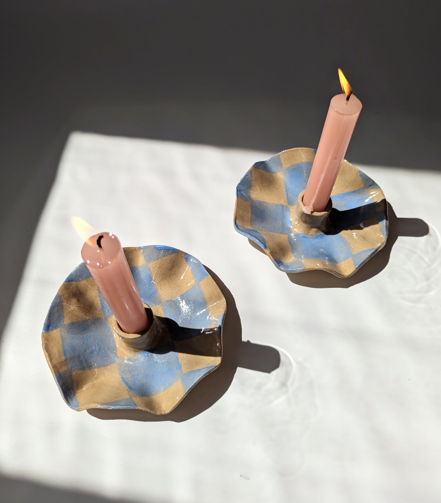 Baby Blue Check Scalloped Candle Holders