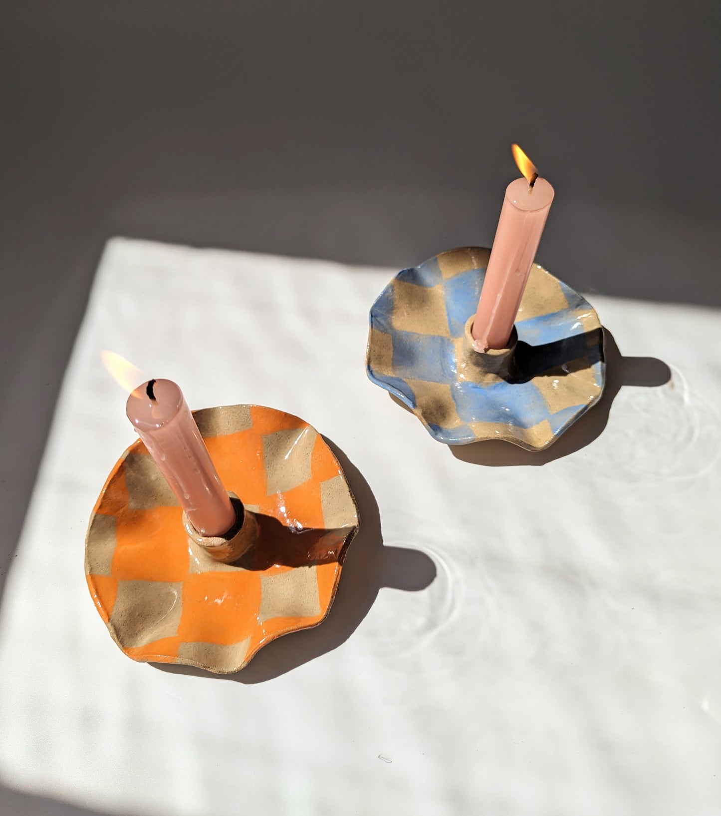 Orange Check Scalloped Candle Holders