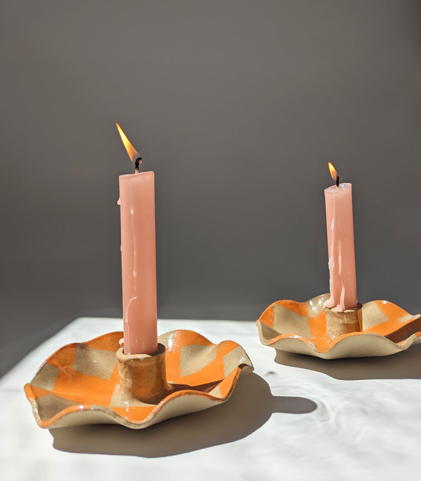 Orange Check Scalloped Candle Holders