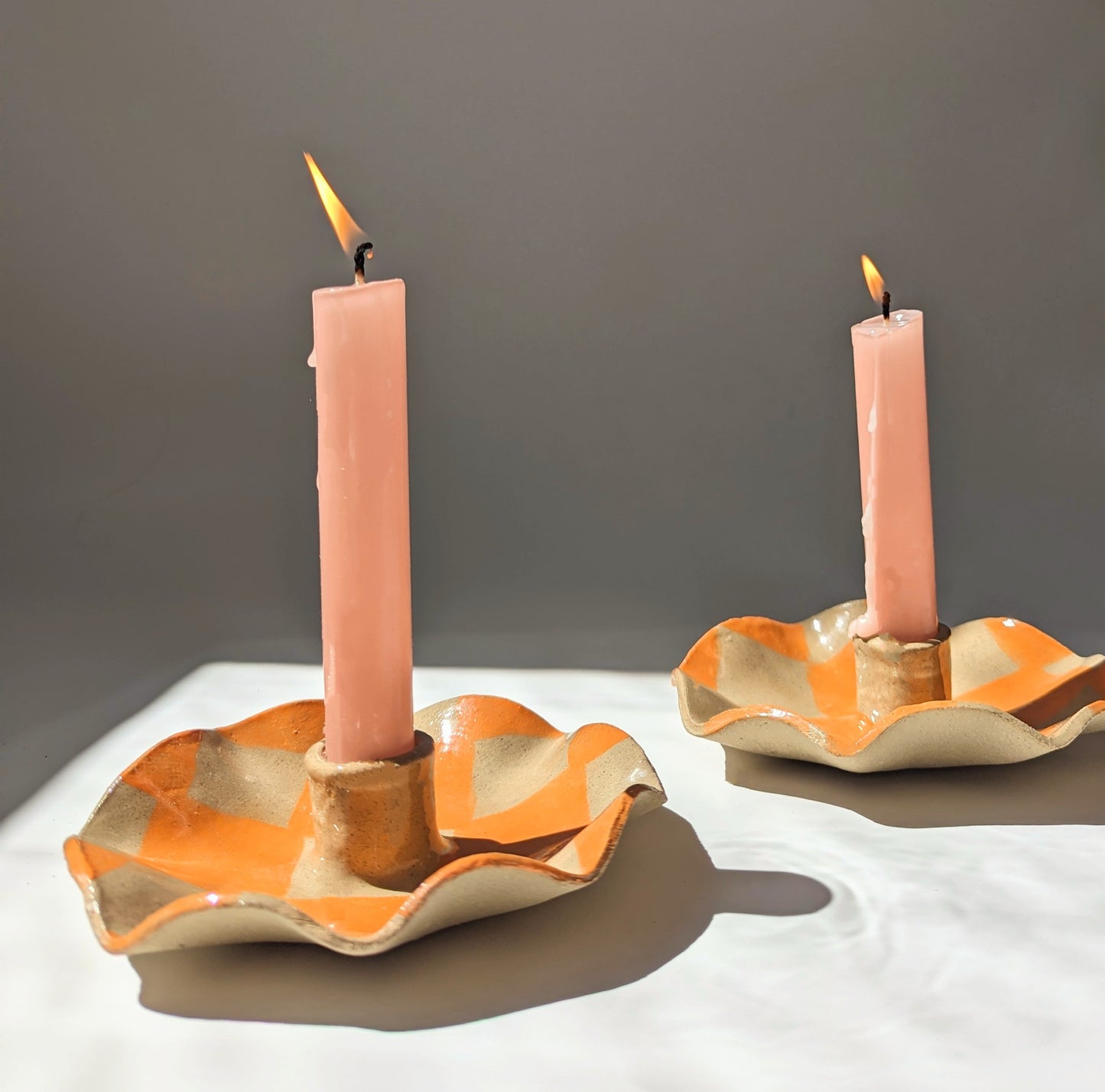 Orange Checked Scalloped Candle Holders