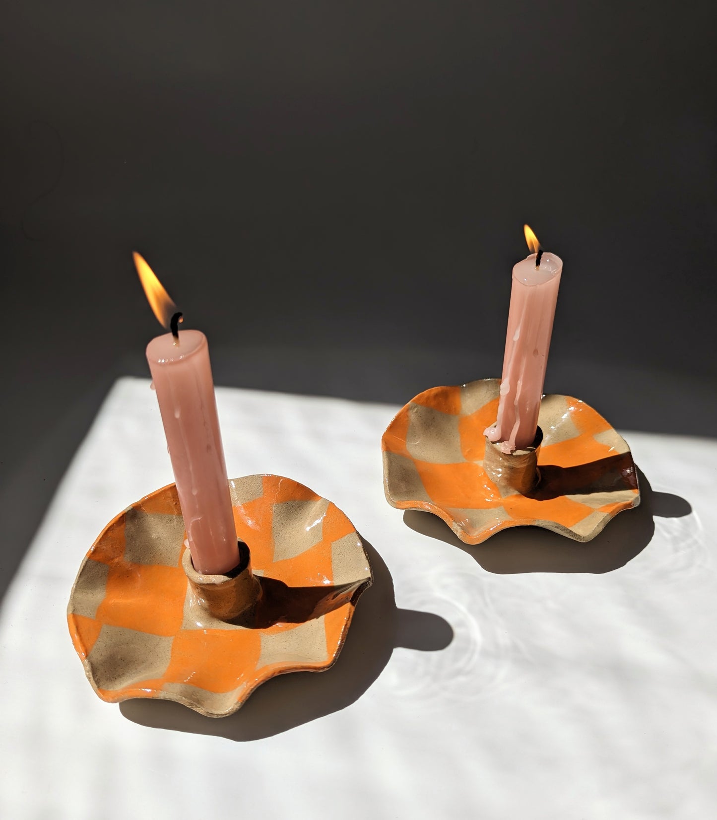 Orange Check Scalloped Candle Holders