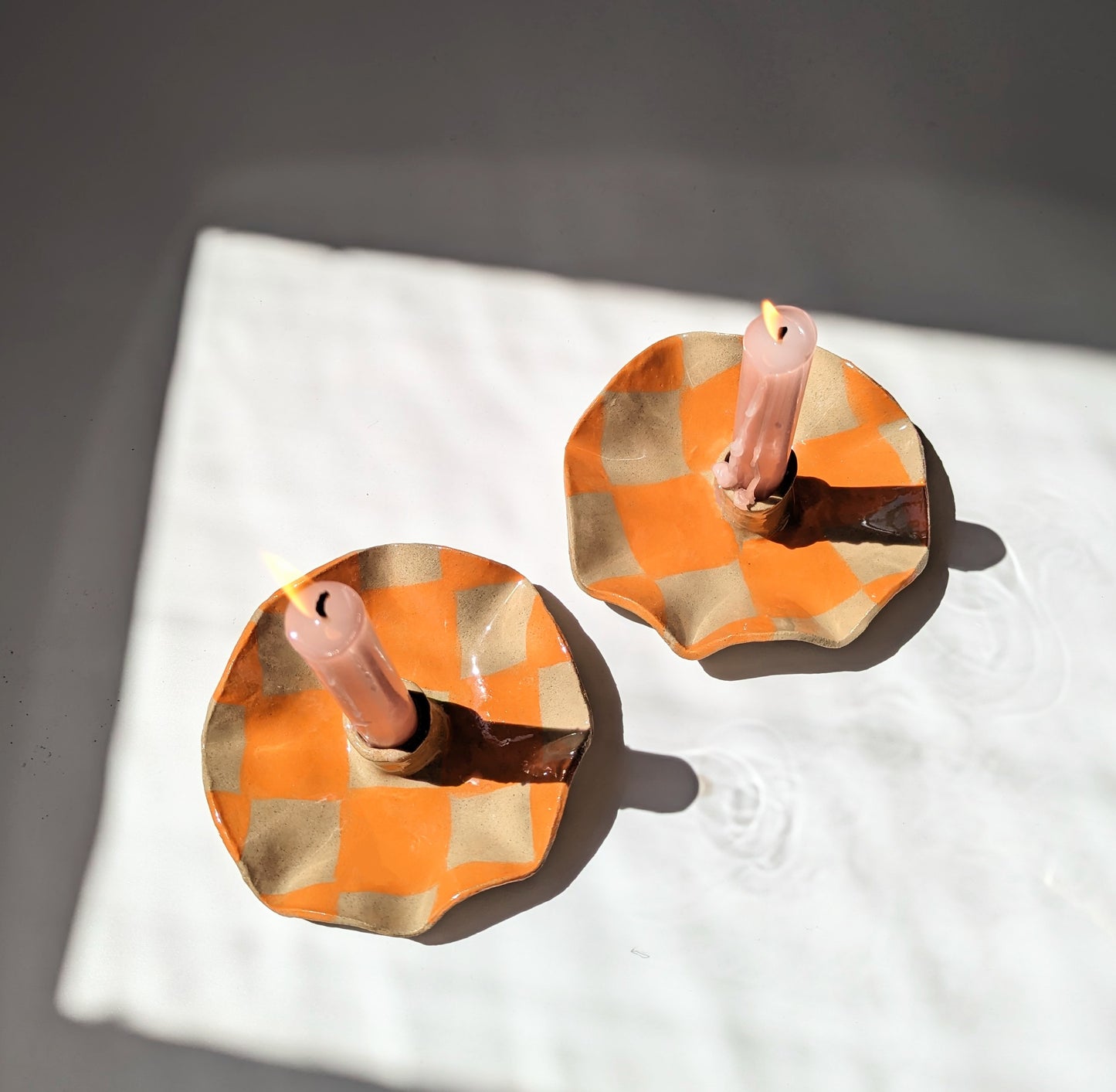 Orange Check Scalloped Candle Holders