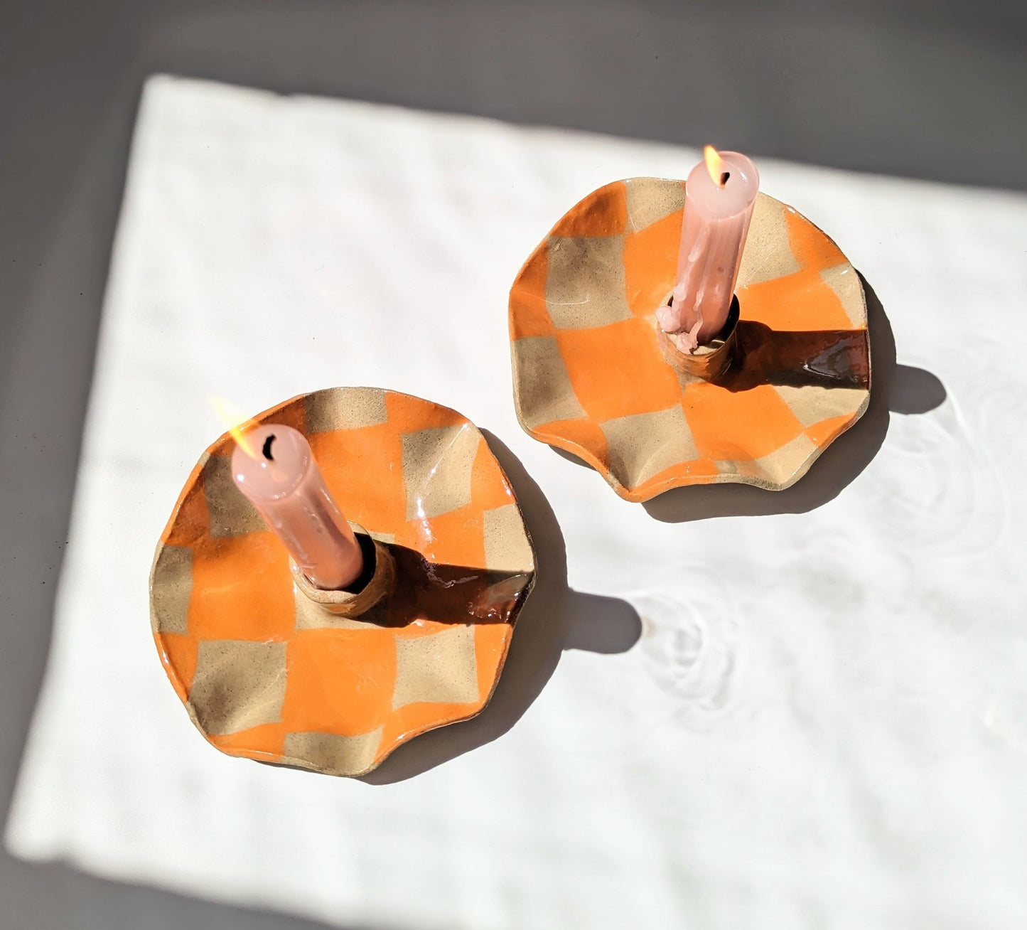Orange Checked Scalloped Candle Holders