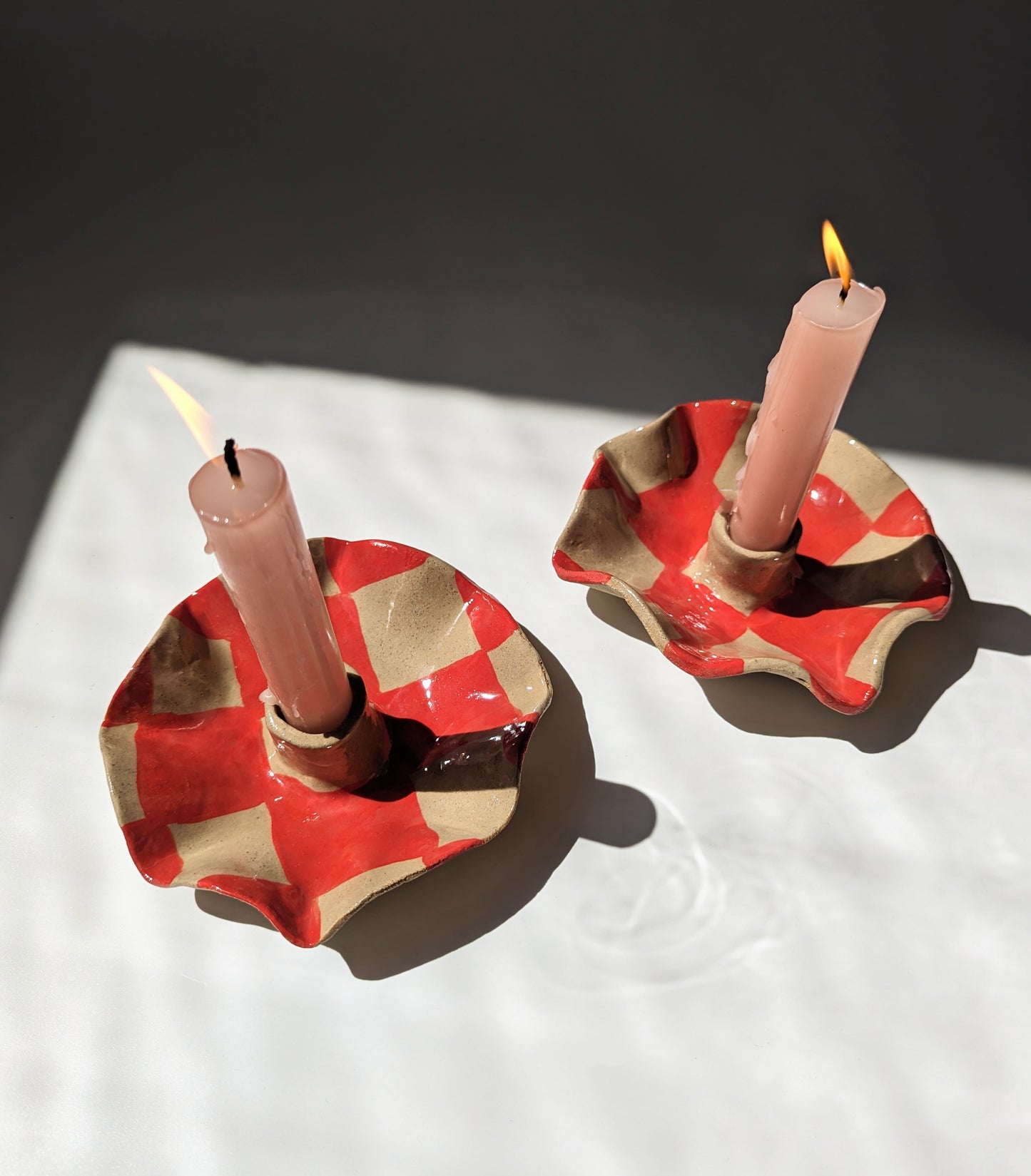 Red Checked Scalloped Candle Holders