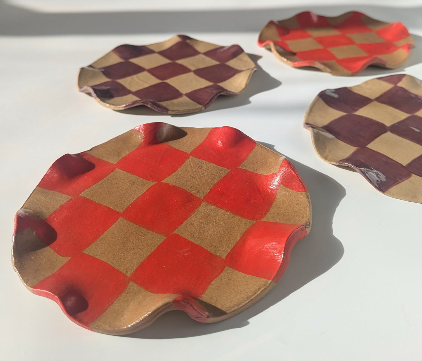 Set of Four Red & Burgundy Wavy Side Plates