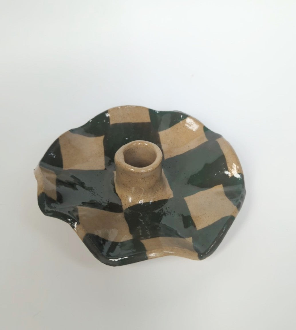 Green Check Scalloped Candle Holder