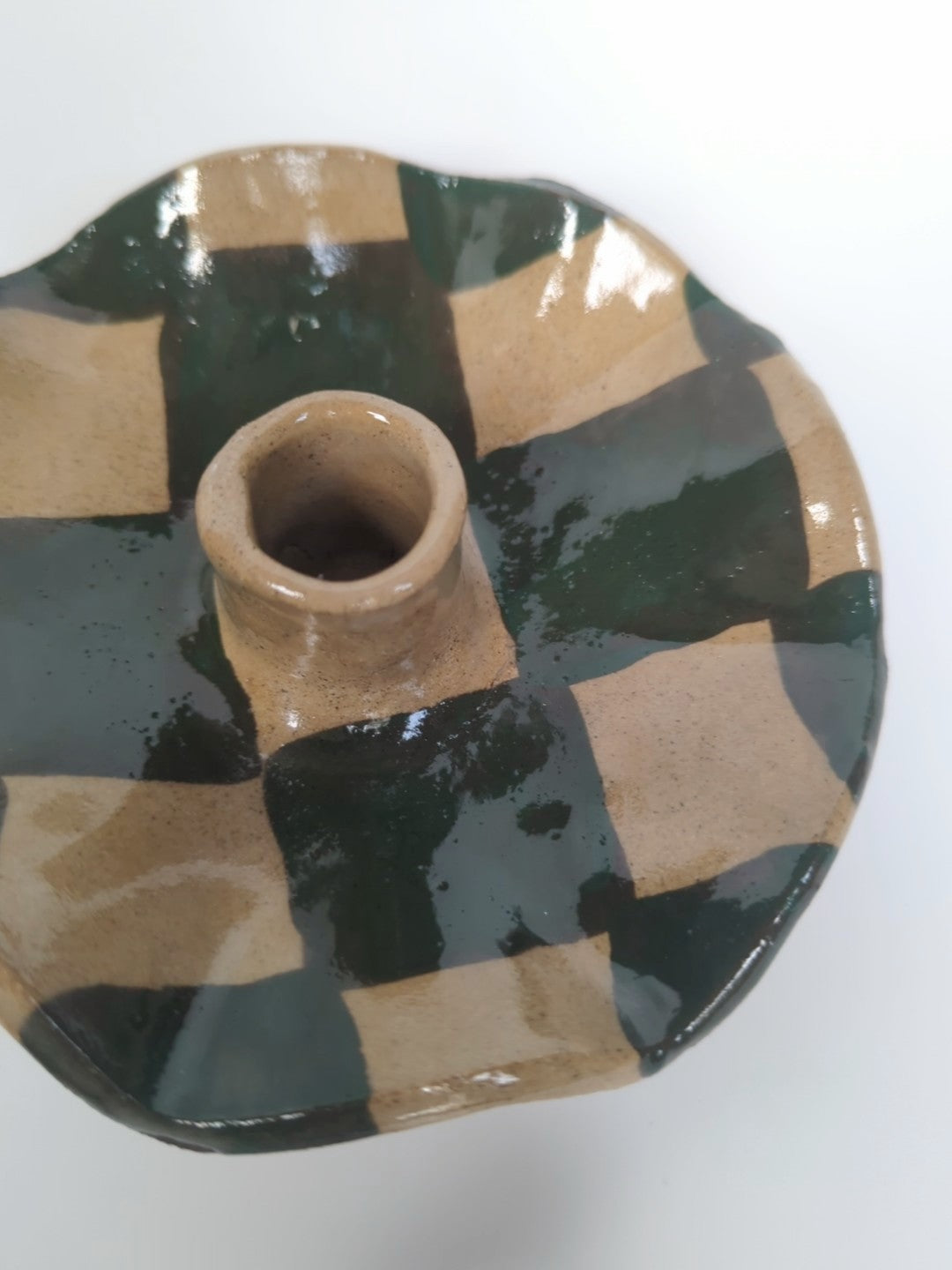 Green Check Scalloped Candle Holder