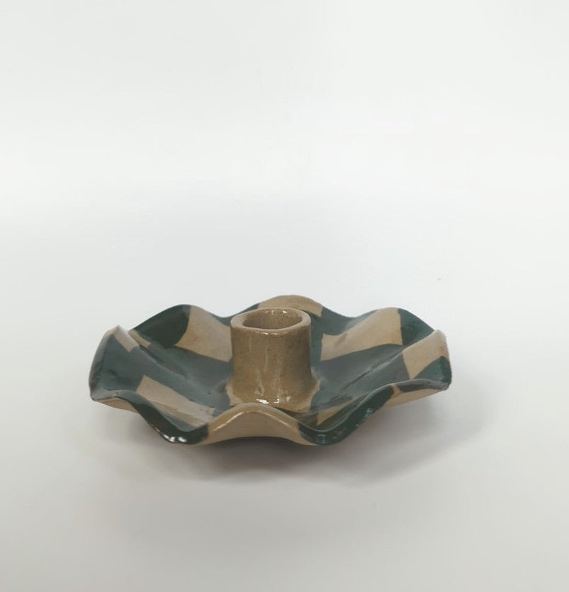 Green Check Scalloped Candle Holder