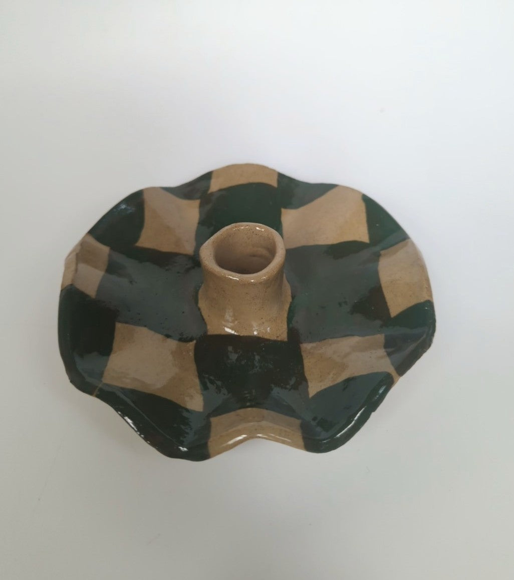 Green Check Scalloped Candle Holder