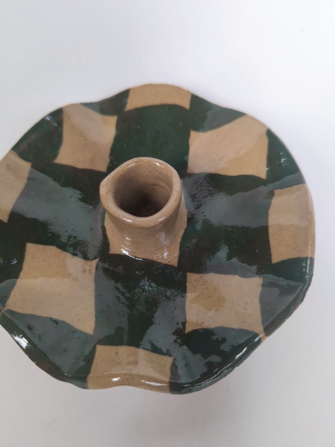 Green Check Scalloped Candle Holder