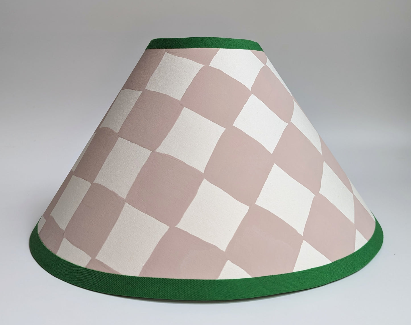A Pair of Plaster Pink & Emerald Checkerboard Hand Painted Coolie Lampshades