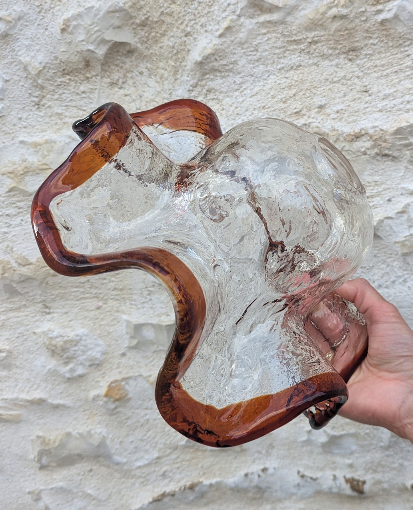 Vintage Danish Hand Blown Clear Glass with Amber Wavy Edges