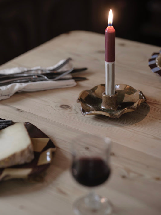 Olive Green  Check Scalloped Candle Holders