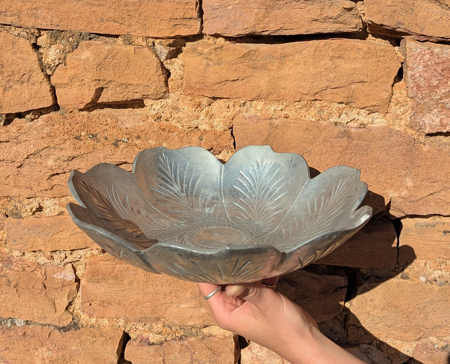 French Vintage Scalloped Flower Pewter Bowl