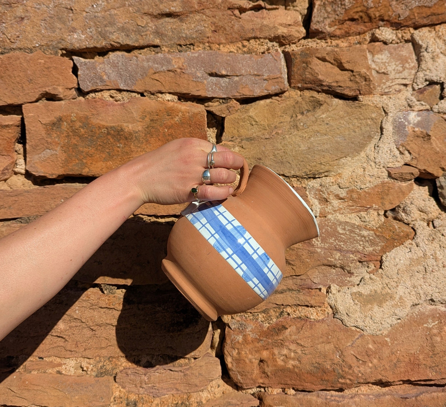 Terracotta & Blue Gingham Glazed Jug