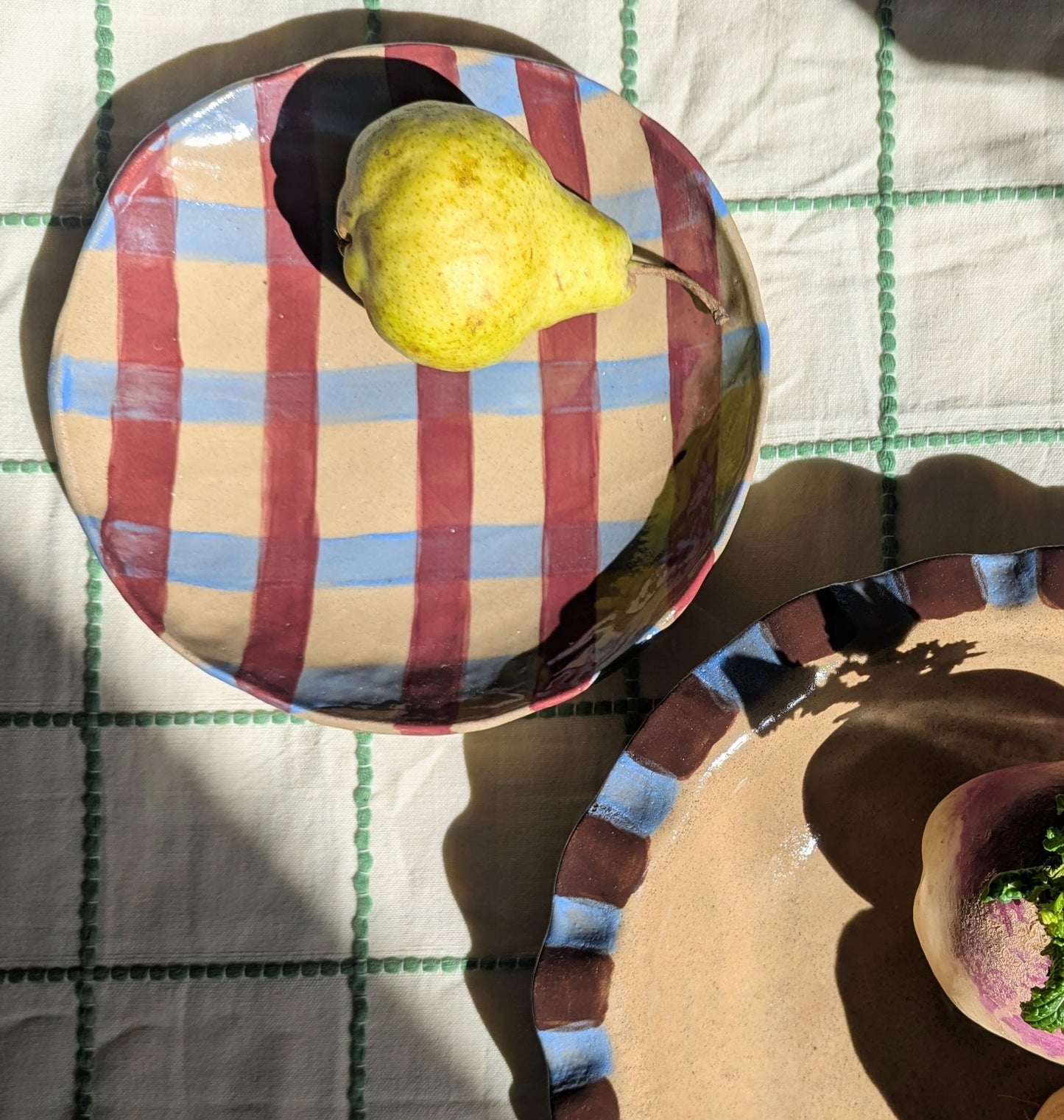 Baby Blue & Burgundy Round Gingham Serving Bowl