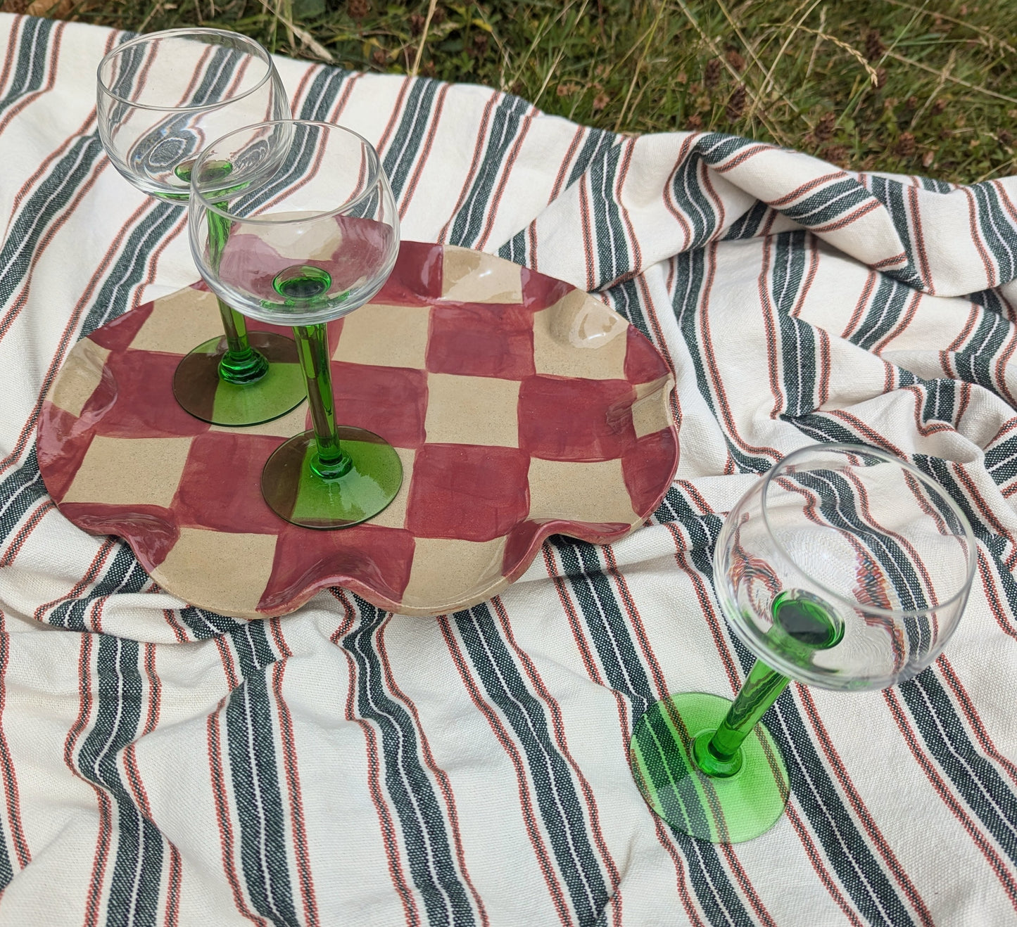 Set of Six Green Tall Stemmed French Vintage Wine Glasses