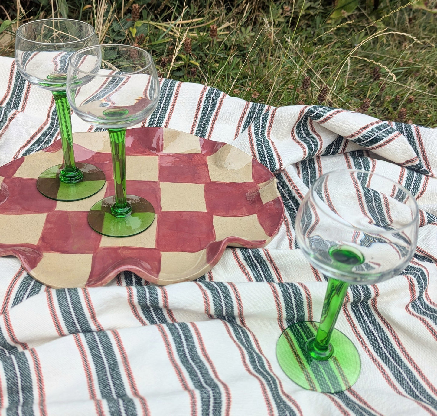 Set of Six Green Tall Stemmed French Vintage Wine Glasses