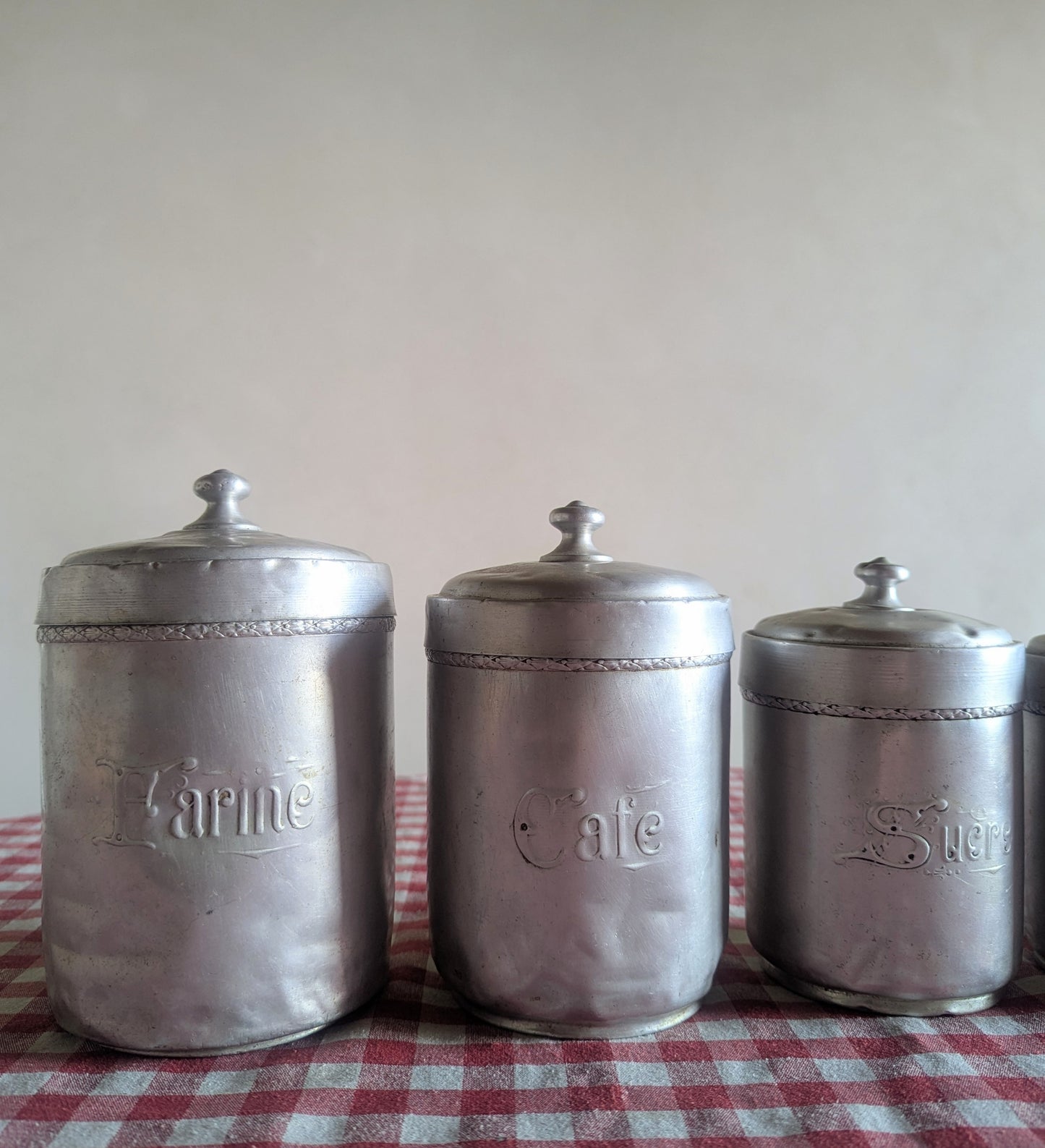 Set of Five 1950s French Vintage Metal Storage Pots