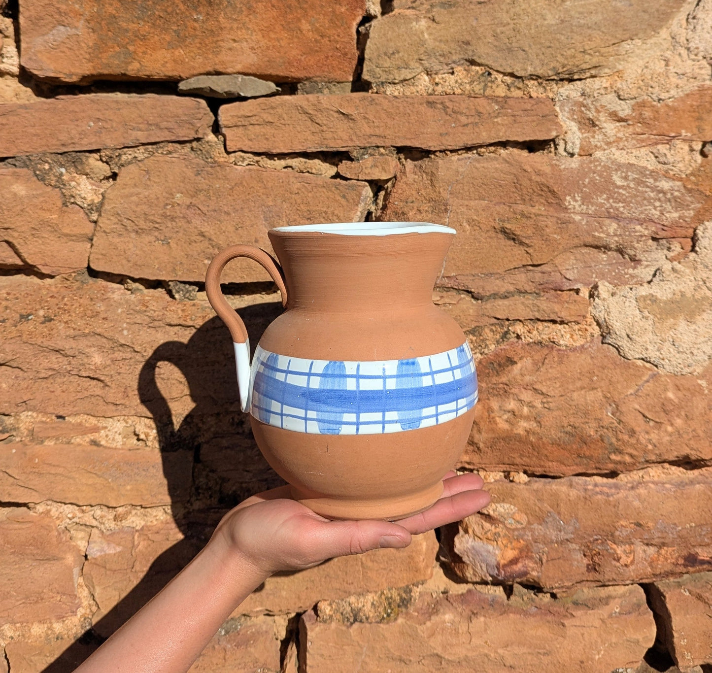 Terracotta & Blue Gingham Glazed Jug