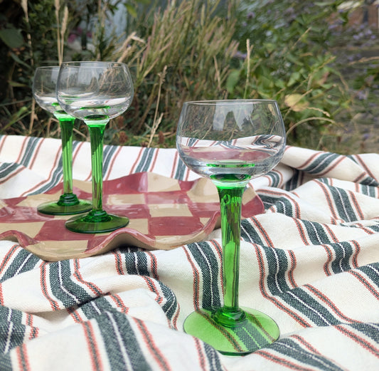 Set of Six Green Tall Stemmed French Vintage Wine Glasses