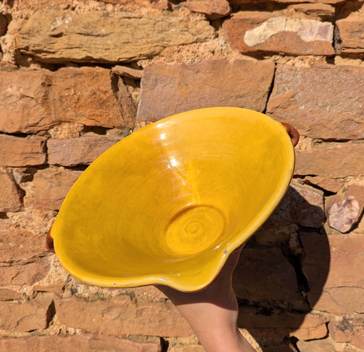 Yellow Glazed Terracotta Handled Serving Bowl