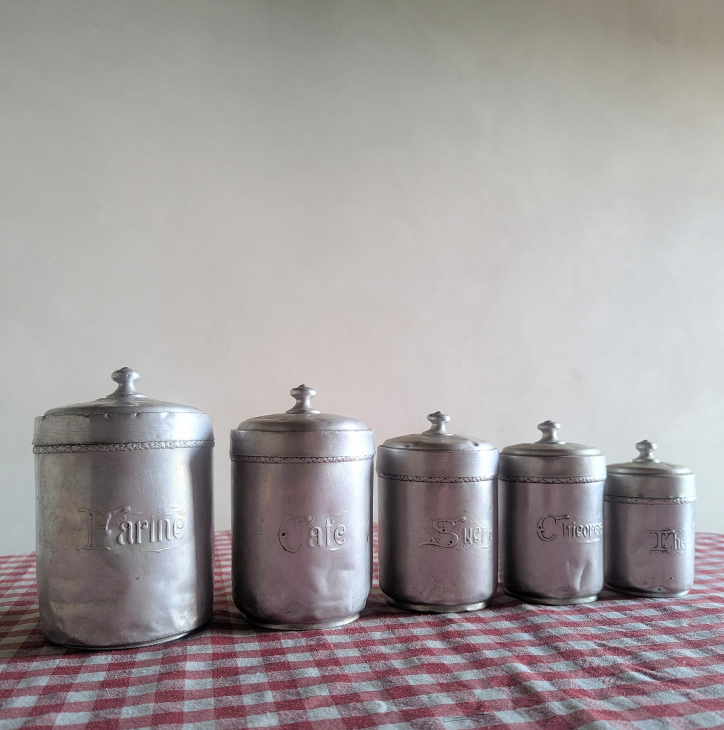 Set of Five 1950s French Vintage Metal Storage Pots