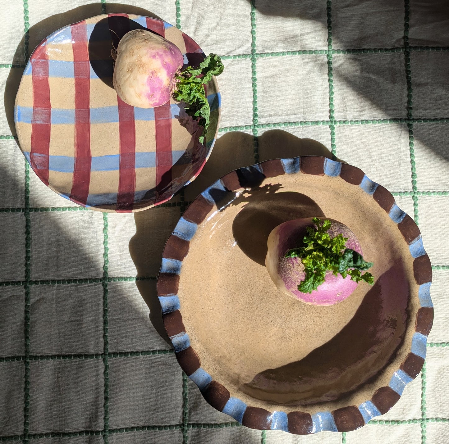 Baby Blue & Burgundy Round Gingham Serving Bowl