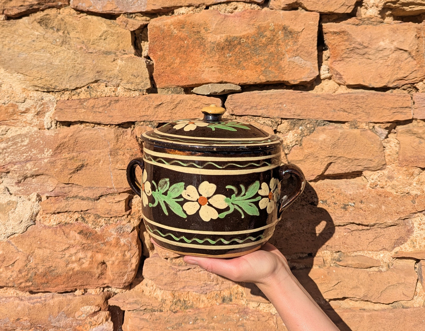 Vintage French Floral Glazed Pot from Alsace