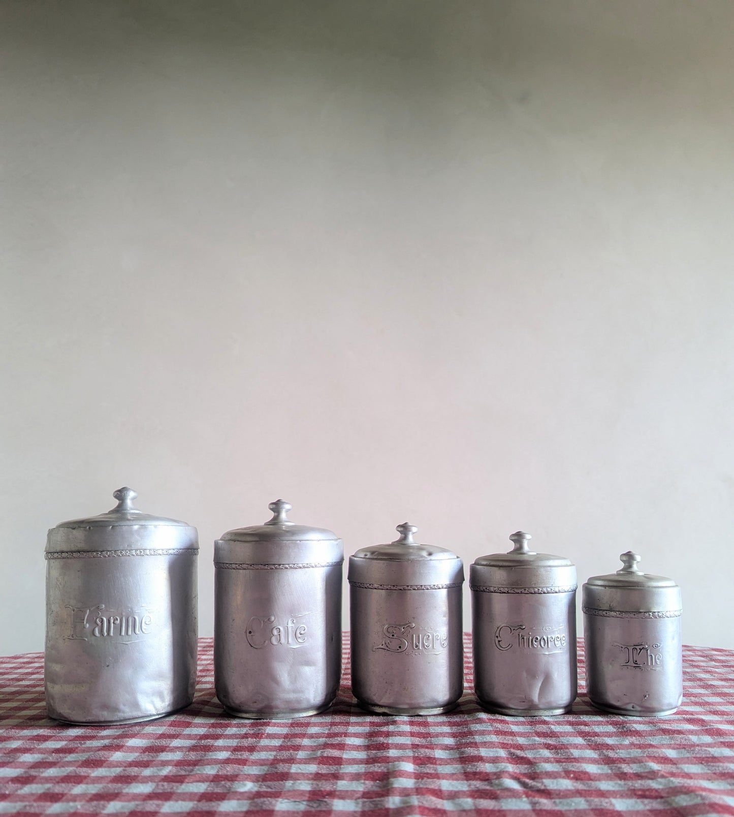 Set of Five 1950s French Vintage Metal Storage Pots