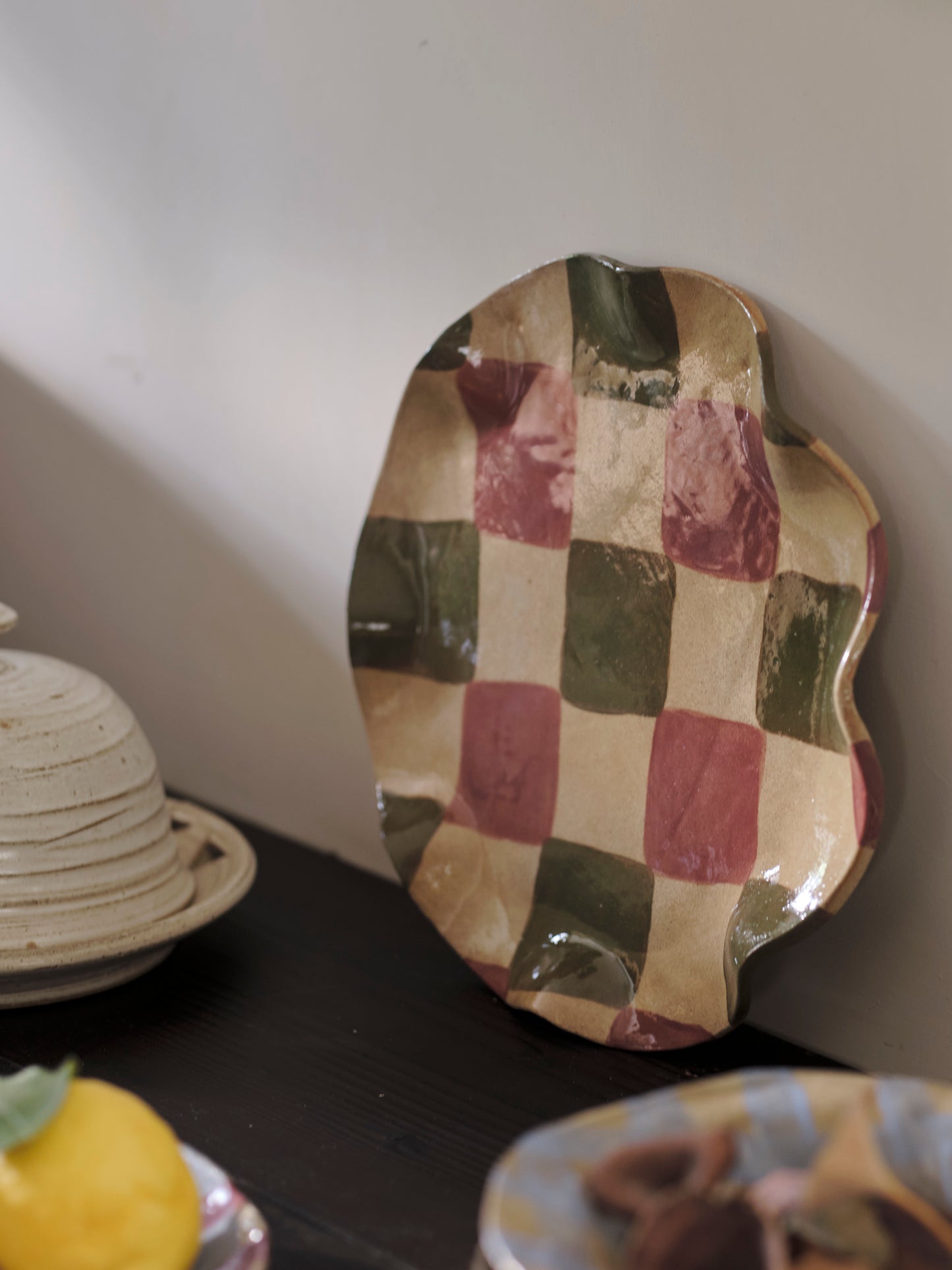 Smokey Olive & Burgundy Wavy Check Platter