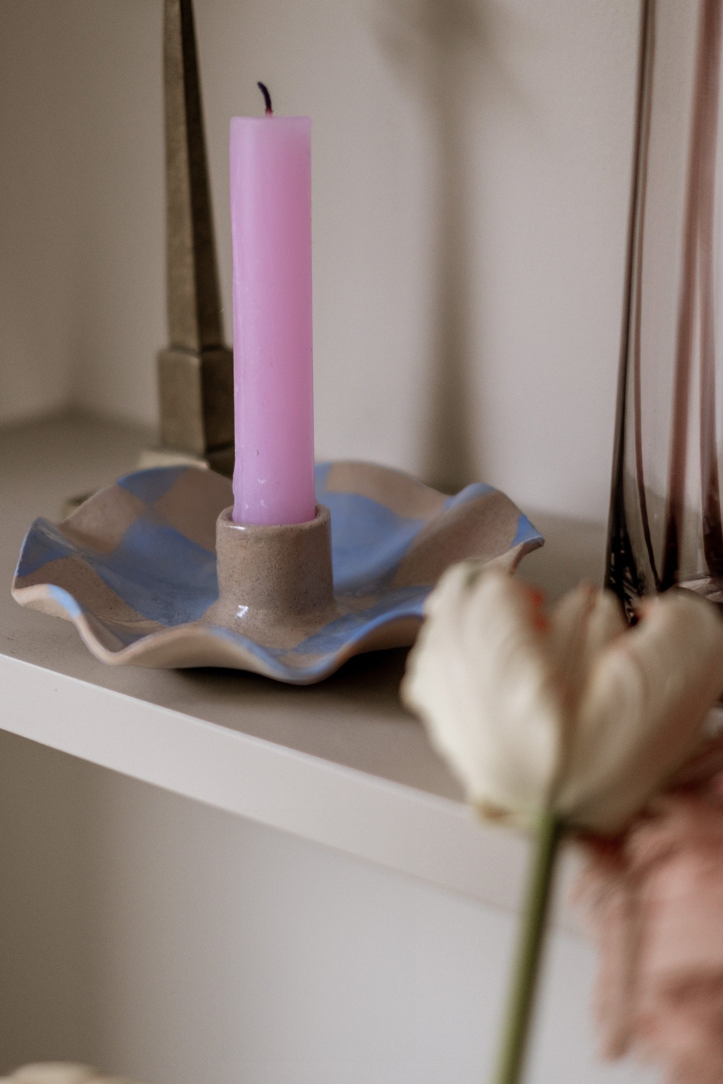 Baby Blue Checked Scalloped Candle Holders