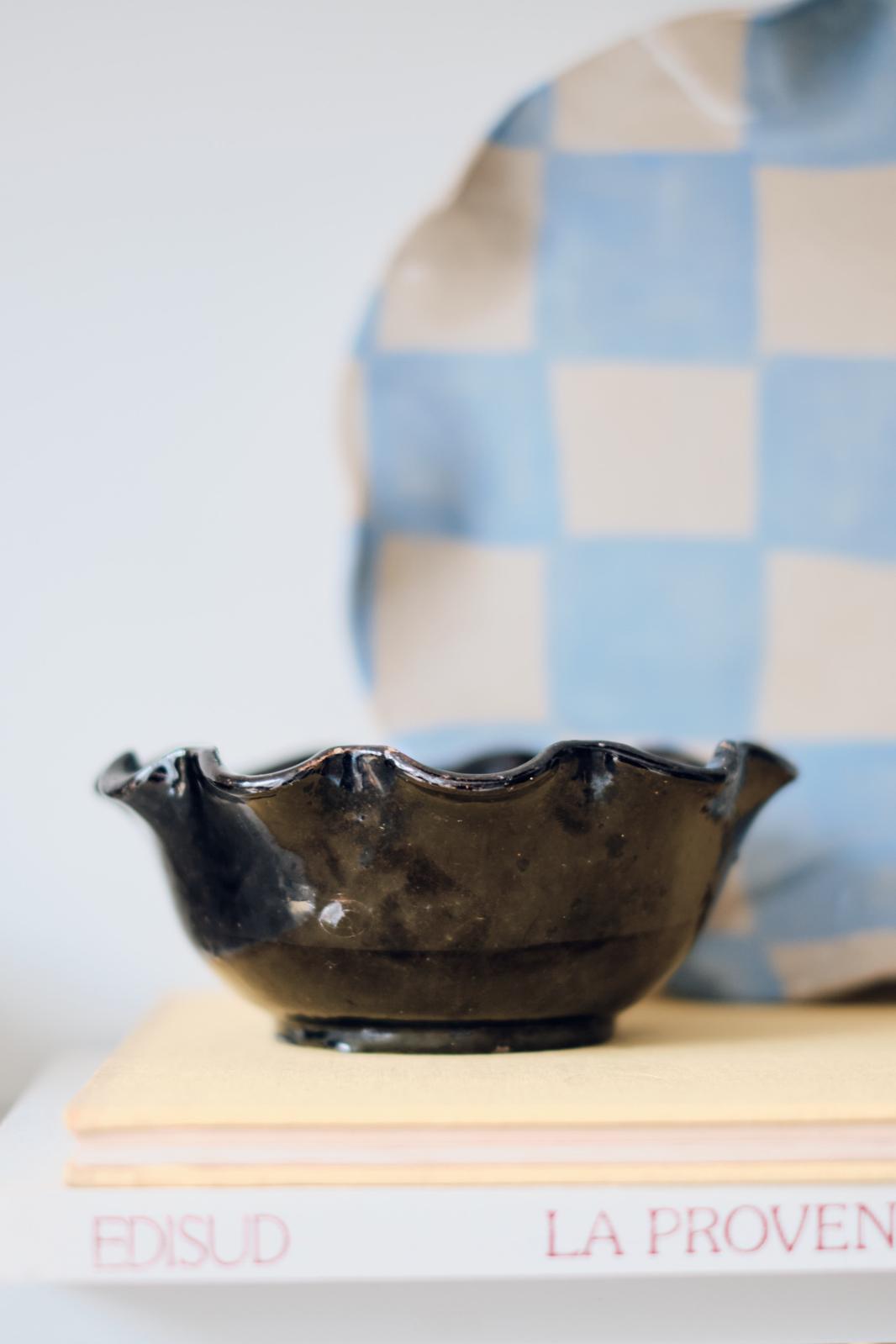 Pair of Vintage French Green & Black Scalloped Bowls