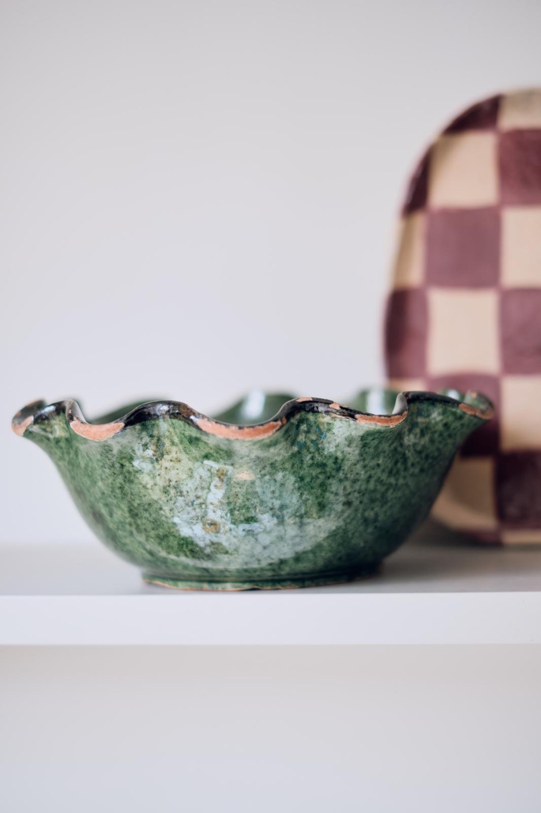 Pair of Vintage French Green & Black Scalloped Bowls