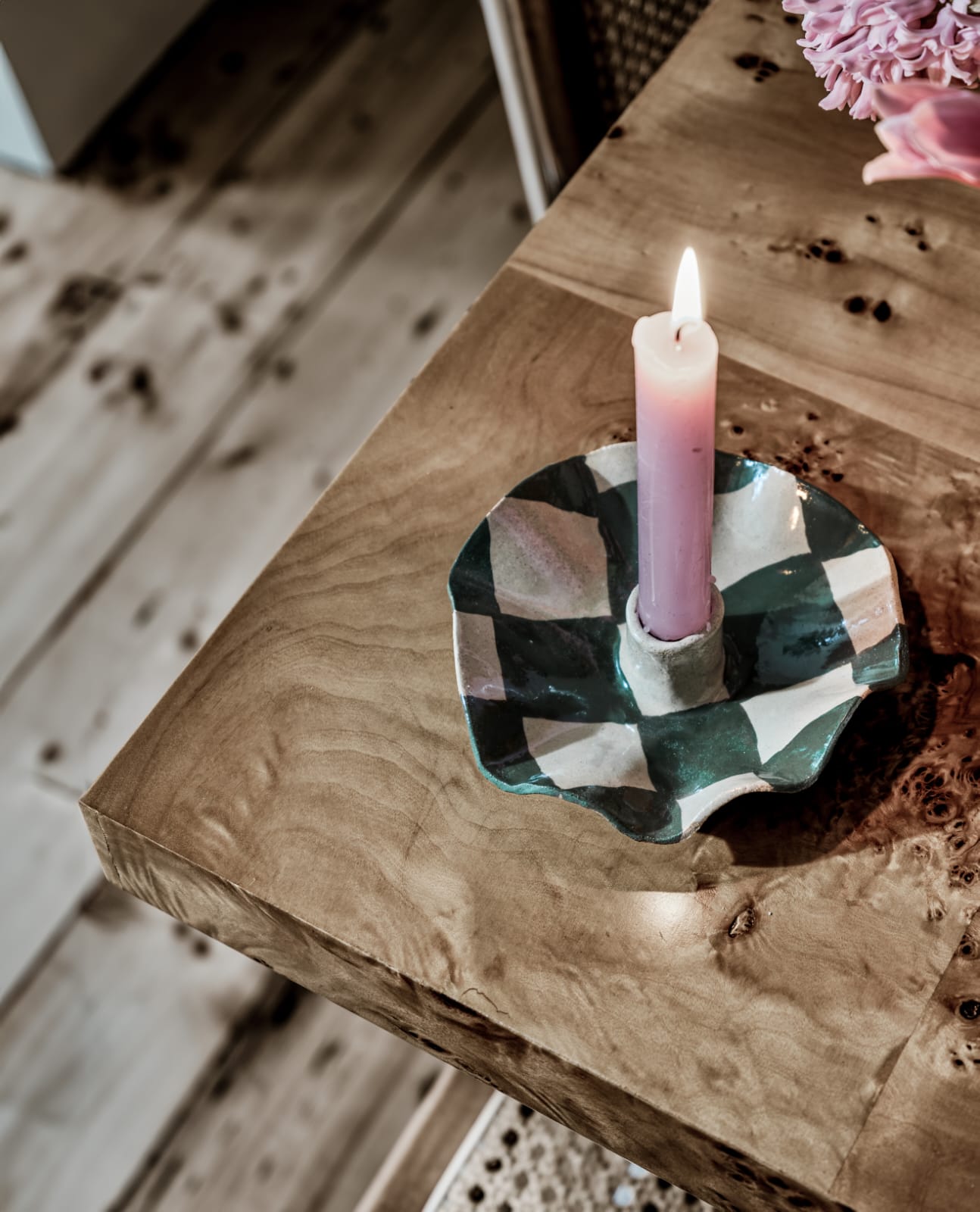 Green Checked Scalloped Candle Holders