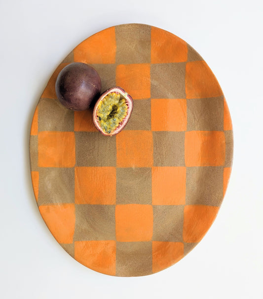 Orange Check Oval Serving Platter