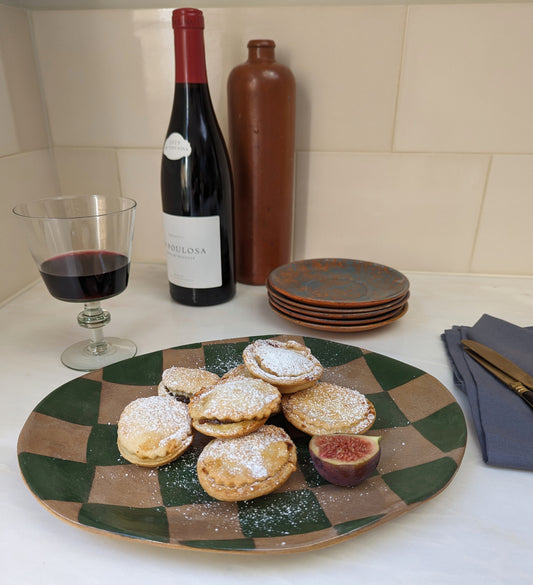 Green Check Oval Serving Platter