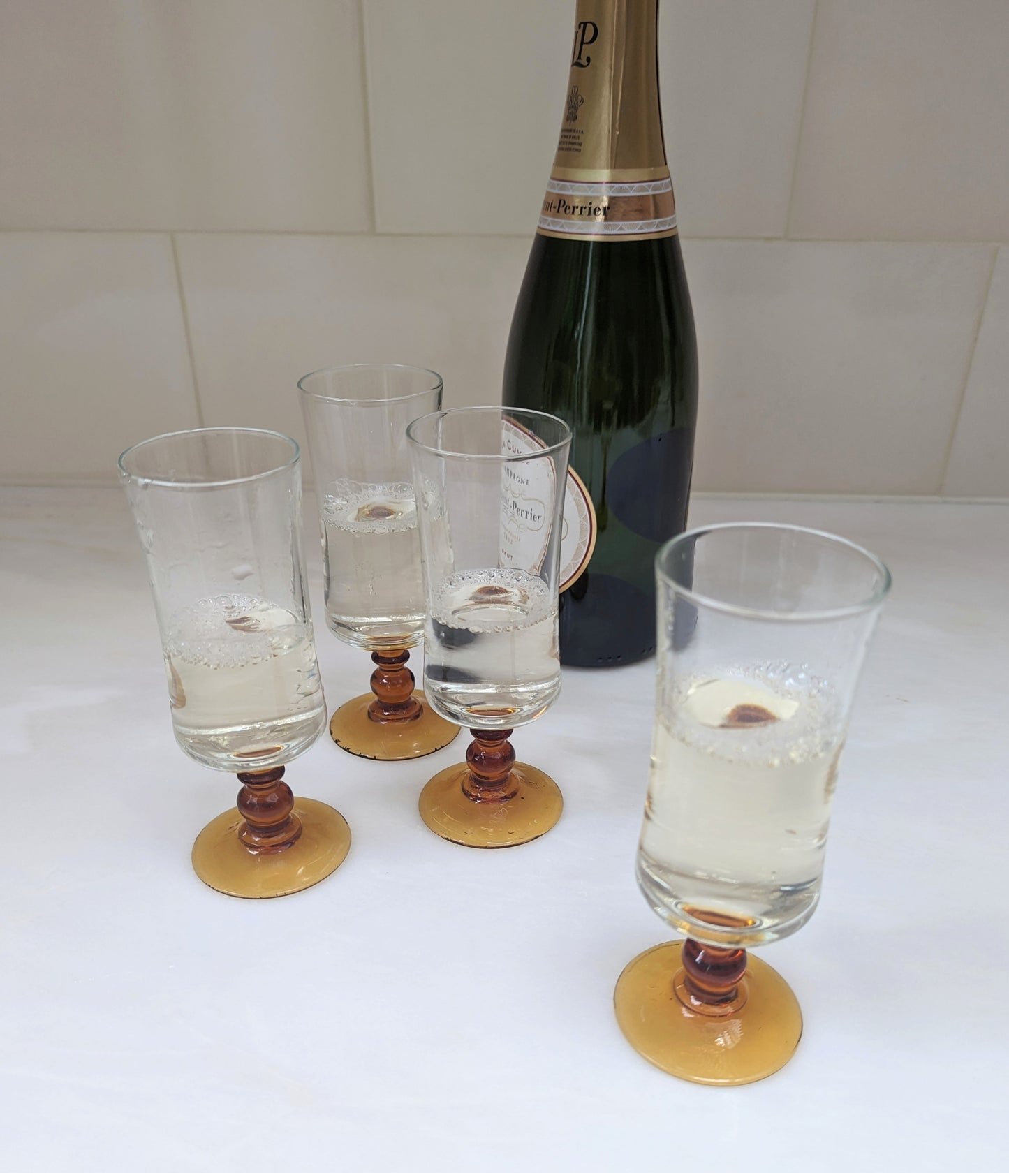 Set of Four Vintage French Amber Glass Champagne Flutes