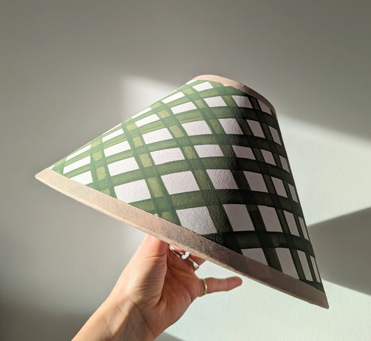 Green & Cream Gingham Hand Painted Paper Lampshade