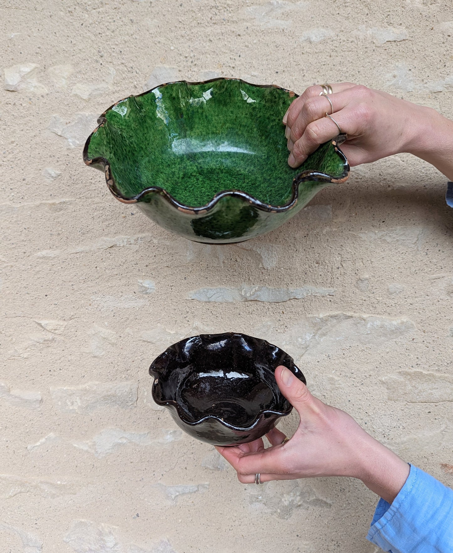 Pair of Vintage French Green & Black Scalloped Bowls