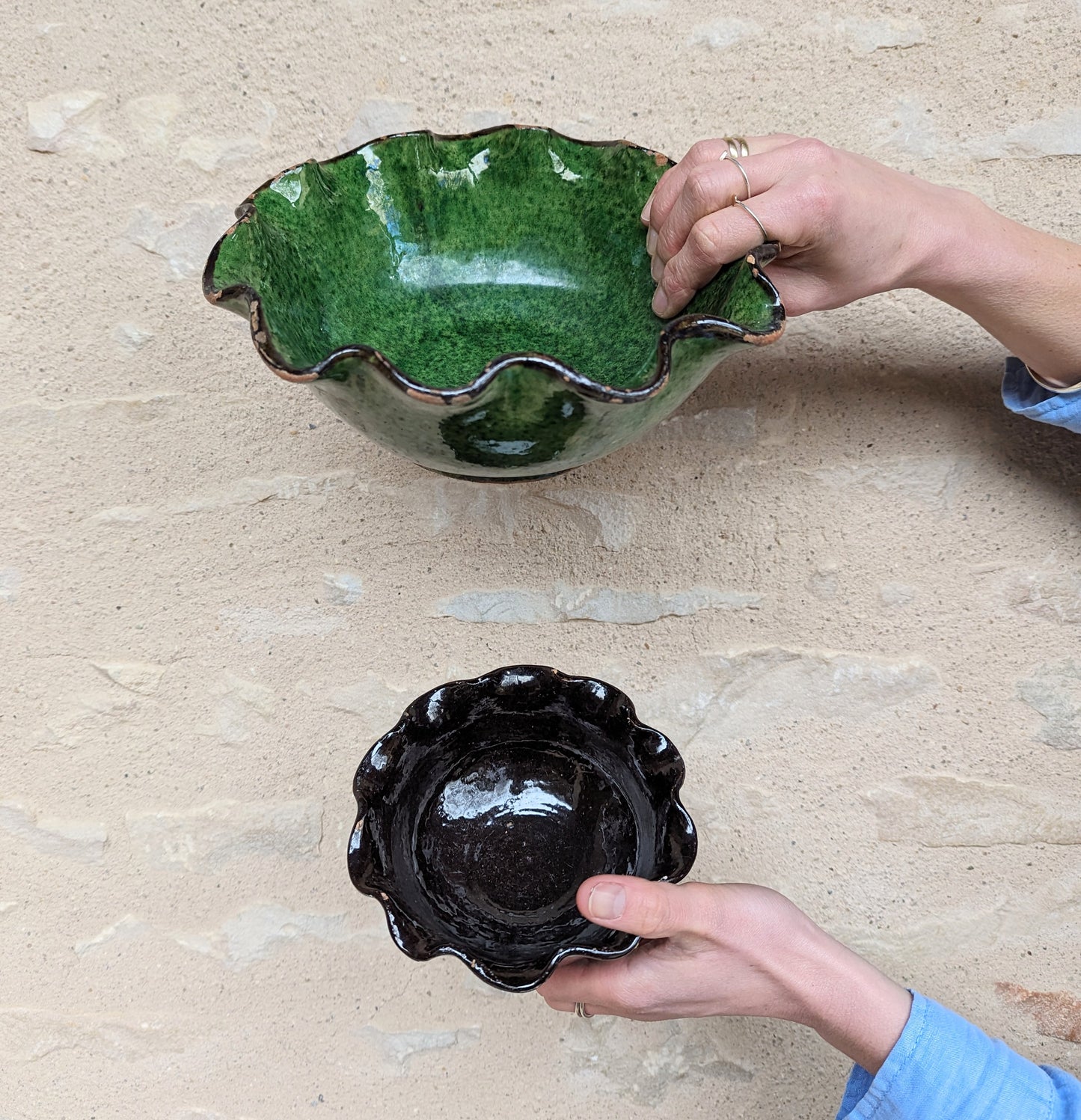 Pair of Vintage French Green & Black Scalloped Bowls