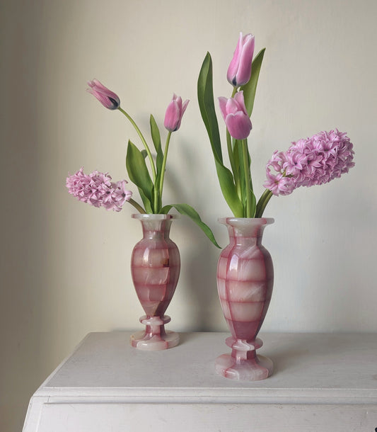 Pair of Pink Onyx Checkerboard Vases